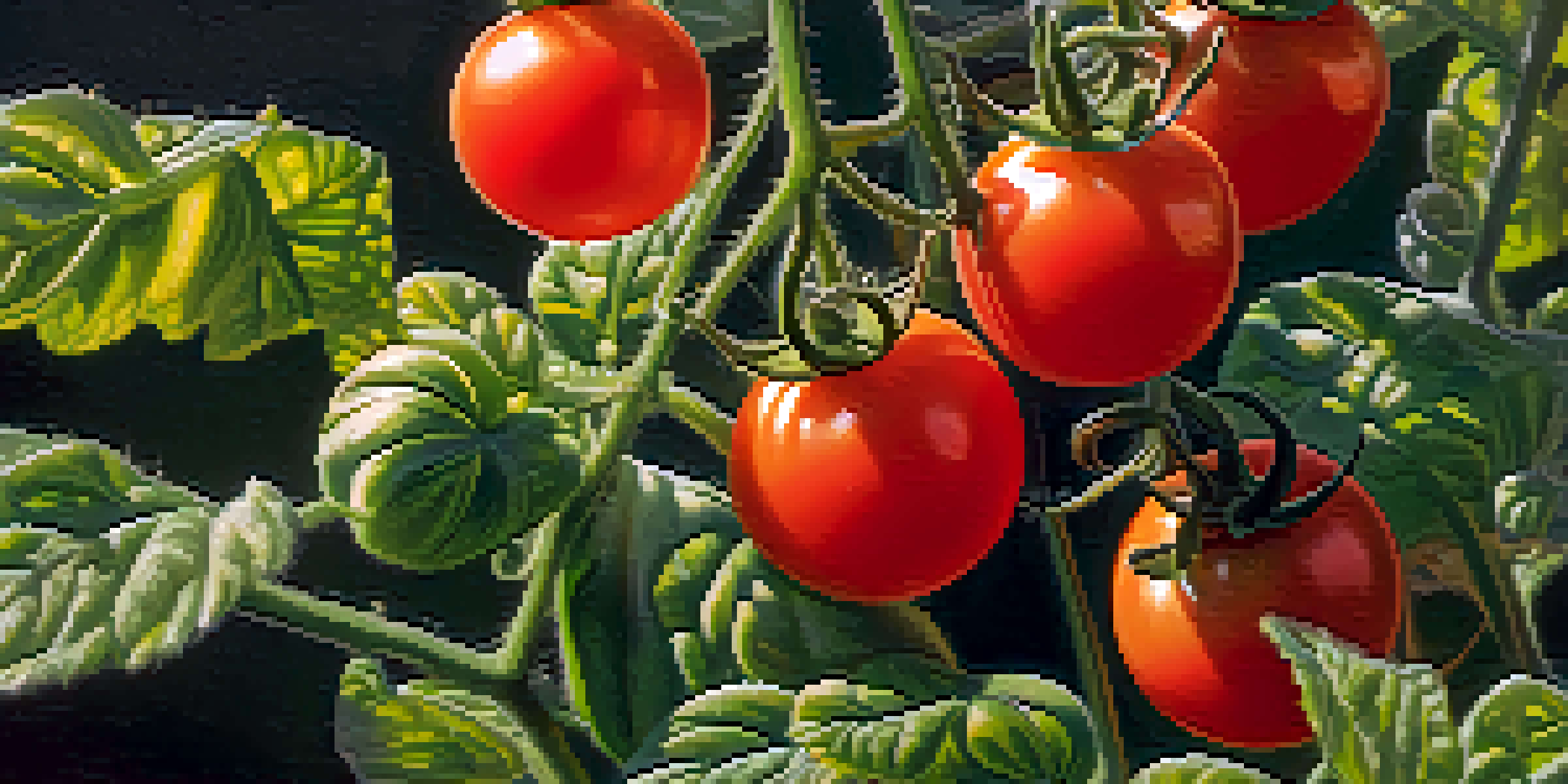 A close-up view of a healthy tomato plant with ripe tomatoes, displaying tiny caterpillars and colorful wisps representing chemical signals in the air, illuminated by soft sunlight.