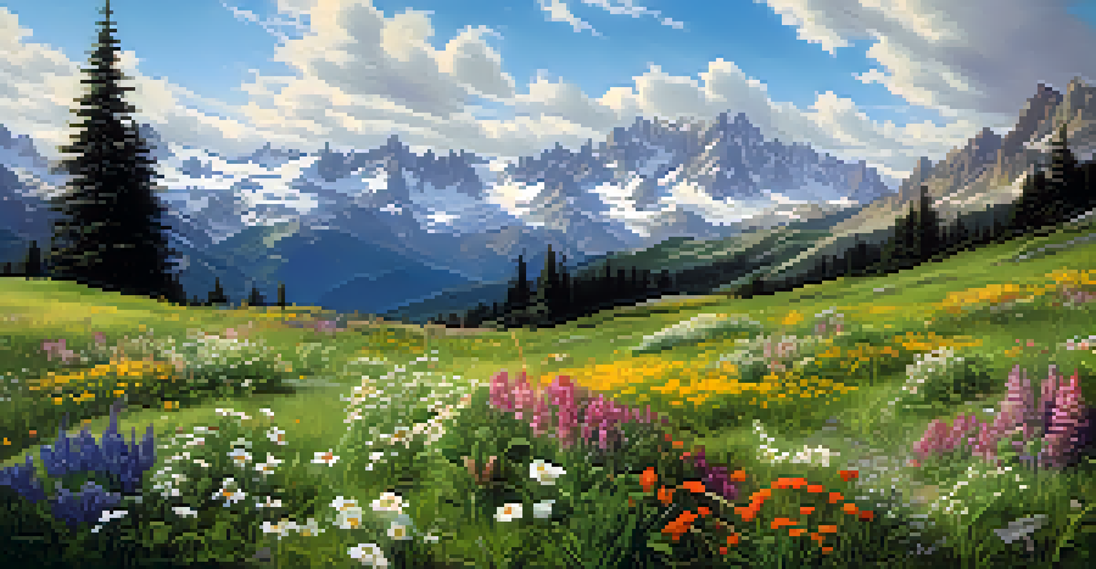 A panoramic view of an alpine meadow with colorful flowers and snow-covered mountains in the background under a sunny sky.