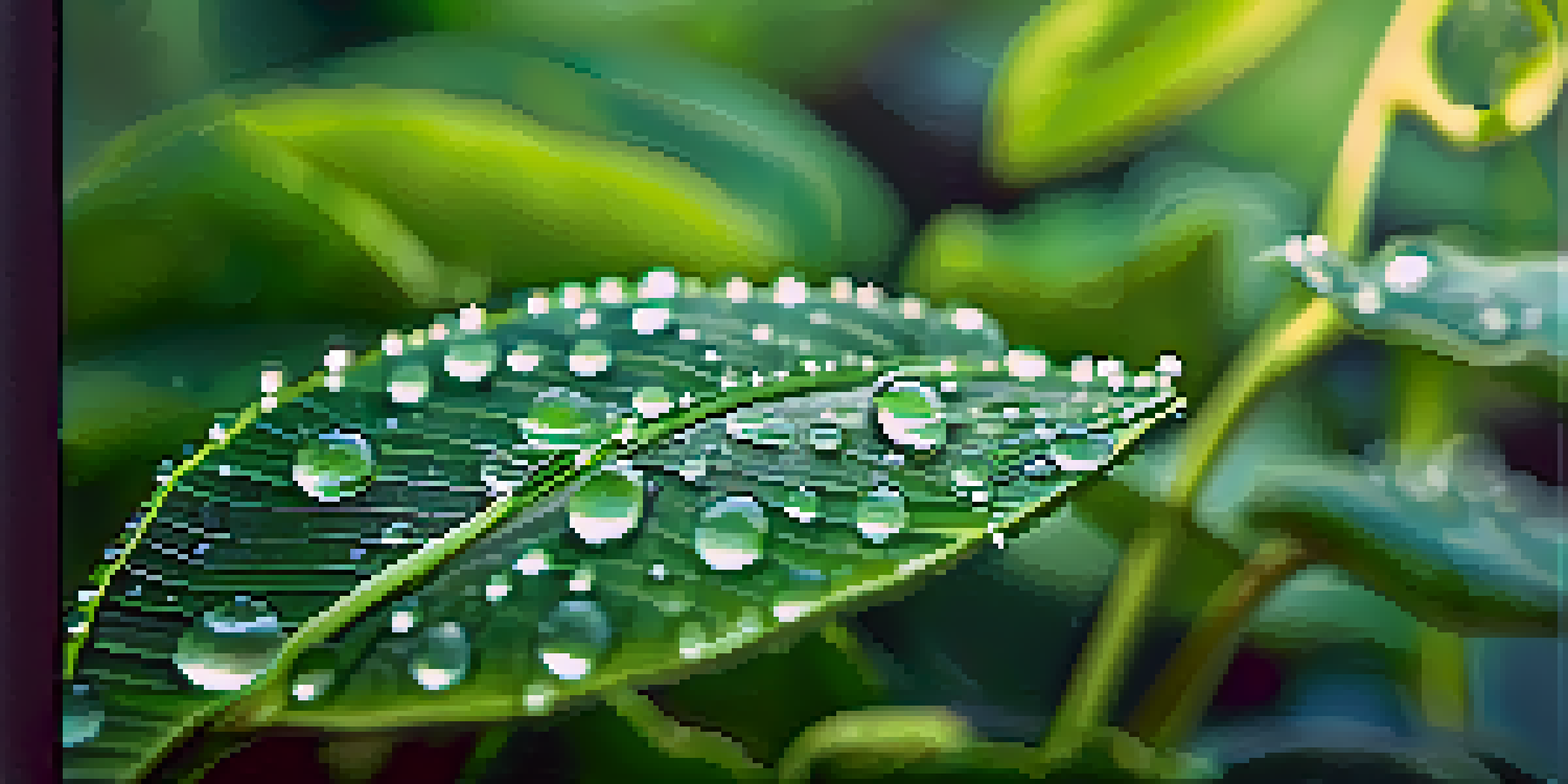 A close-up of a green plant with water droplets on its leaves, set against a blurred garden background.