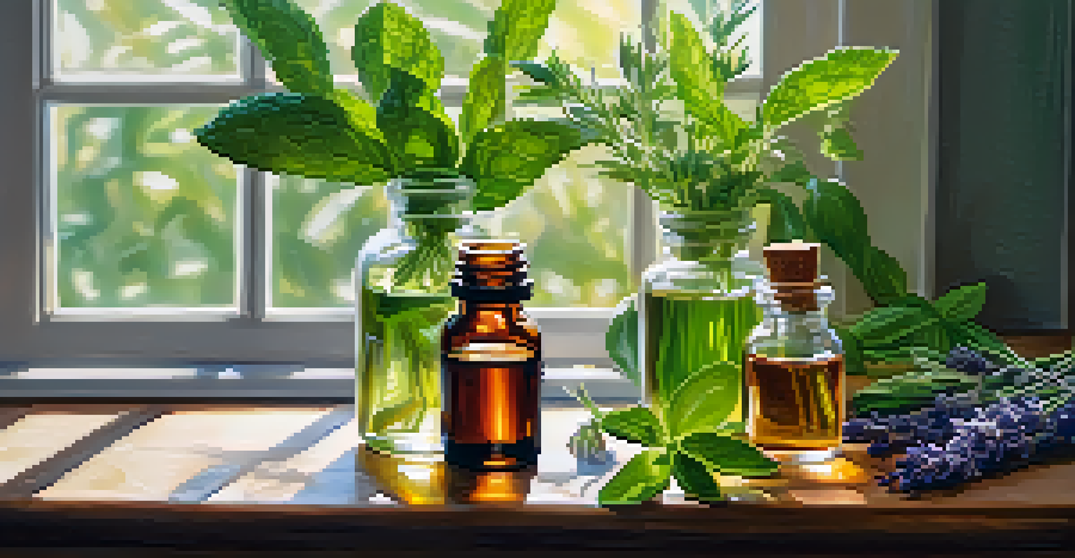 A collection of essential oils on a wooden table, surrounded by fresh herbs in warm sunlight.