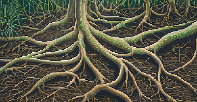 Close-up of plant roots with mycorrhizal fungi, showing detailed textures and sunlight filtering through leaves.