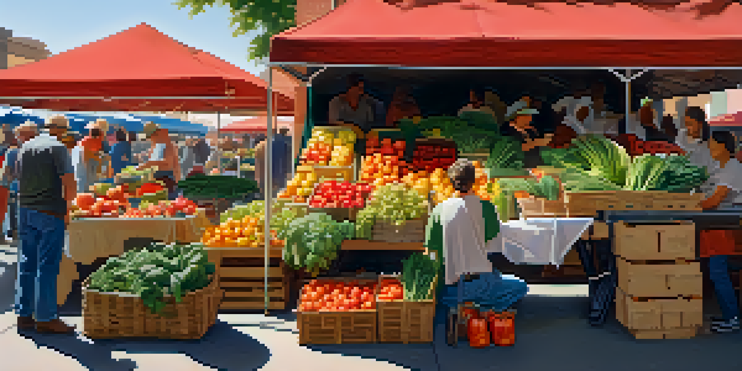 A bustling farmer's market filled with colorful fruits and vegetables, with people browsing the stalls under warm sunlight.