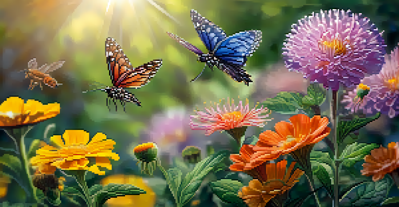 A close-up view of a flowering plant with butterflies and bees, showcasing vivid colors and details under warm sunlight.