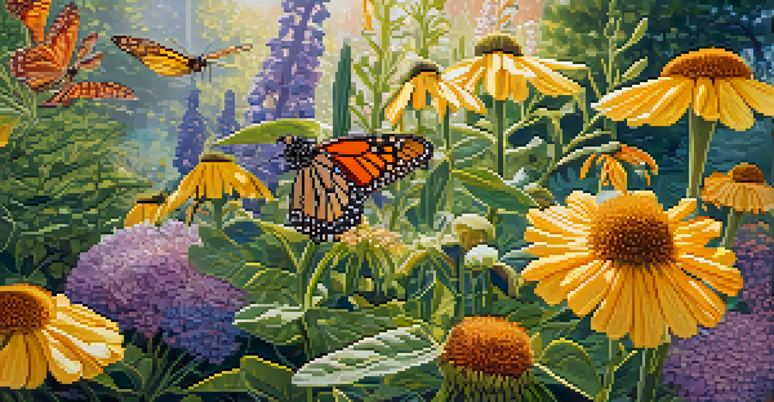 A close-up of a pollinator-friendly garden with colorful flowers attracting bees and butterflies, illuminated by soft sunlight.