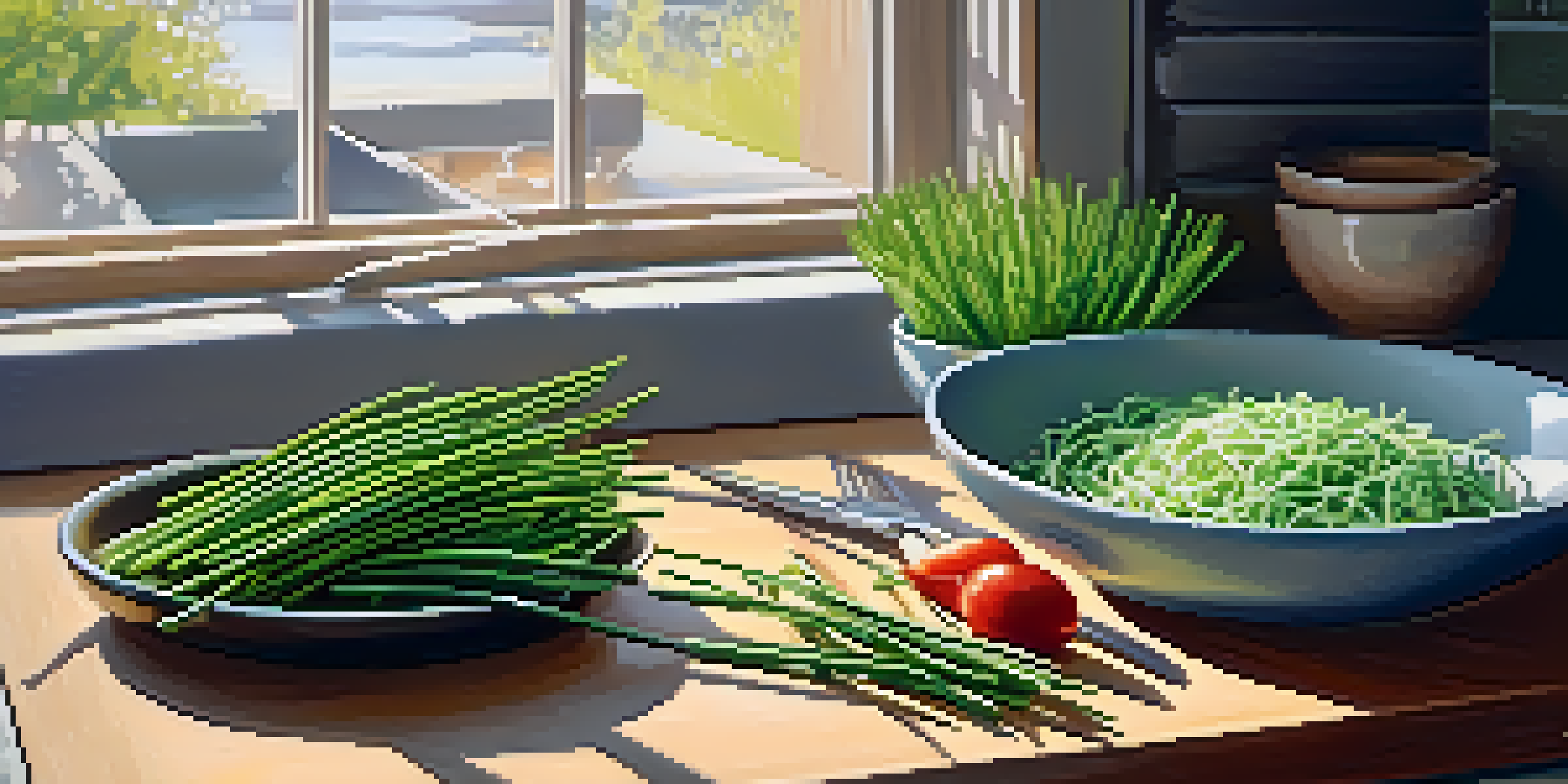 A kitchen with fresh chives on a cutting board and a bowl of salad in the background, illuminated by sunlight.