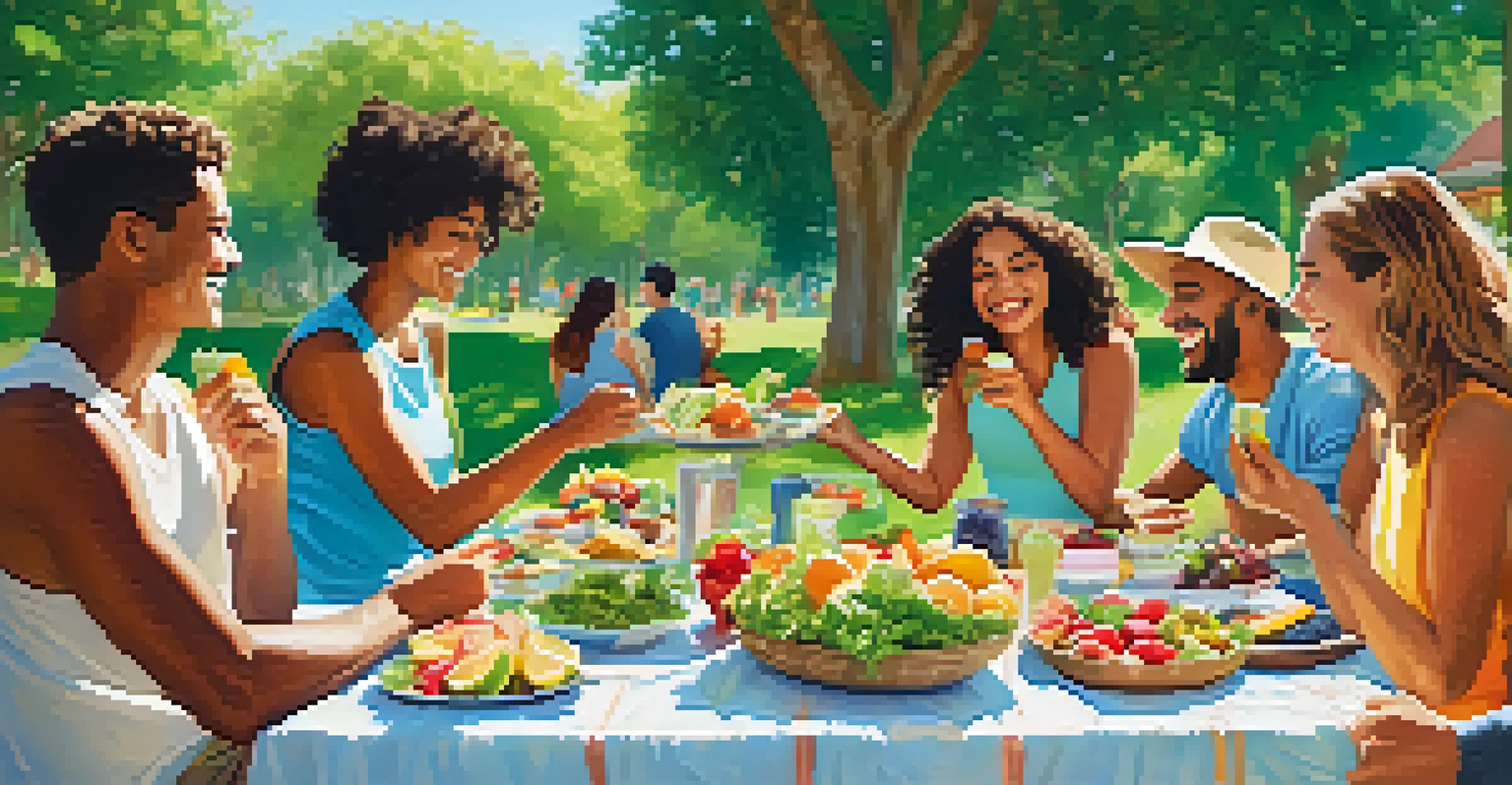 A group of friends having a plant-based picnic in a sunny park, surrounded by colorful dishes.