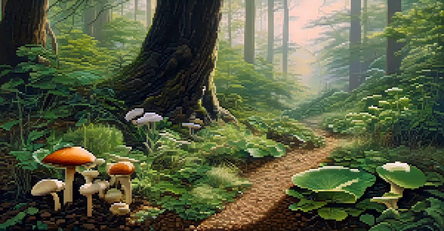 A serene landscape with flourishing plants and visible mycorrhizal fungi in the soil.