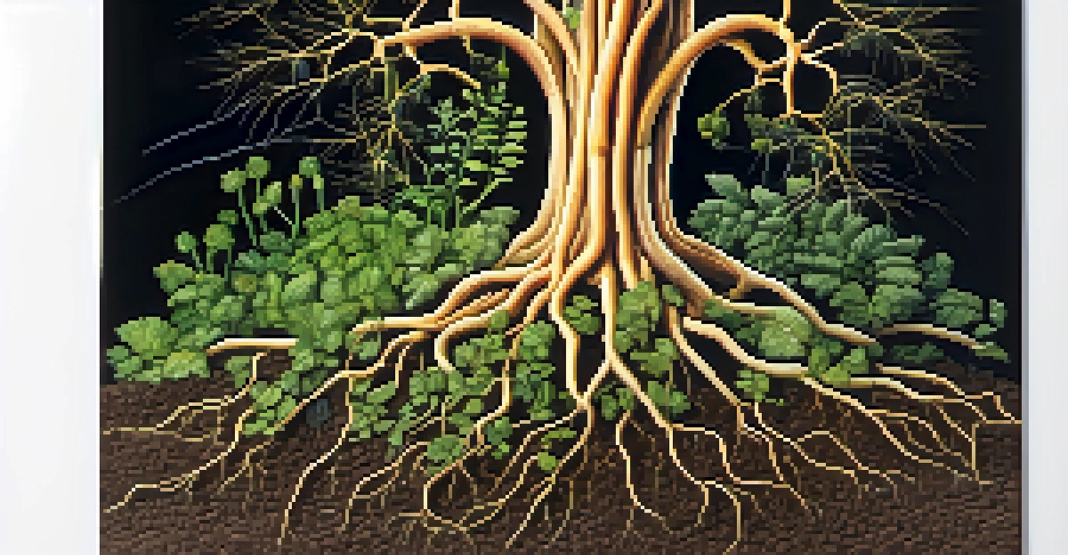 Illustration of plant roots interacting with microbes in soil, with glowing connections.