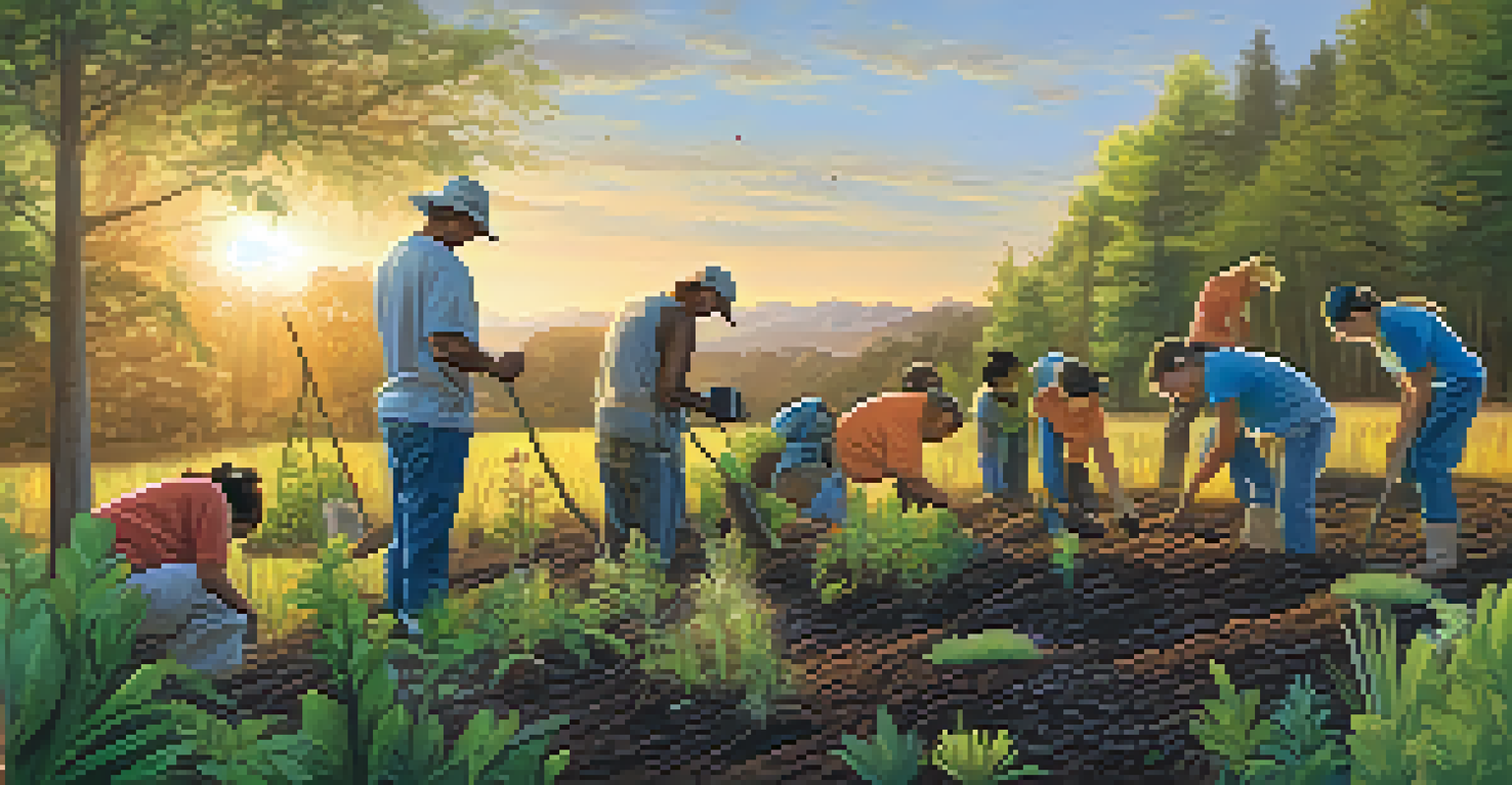 A community effort to restore native plants in a reforested area, showcasing diverse volunteers planting under a warm sunset.