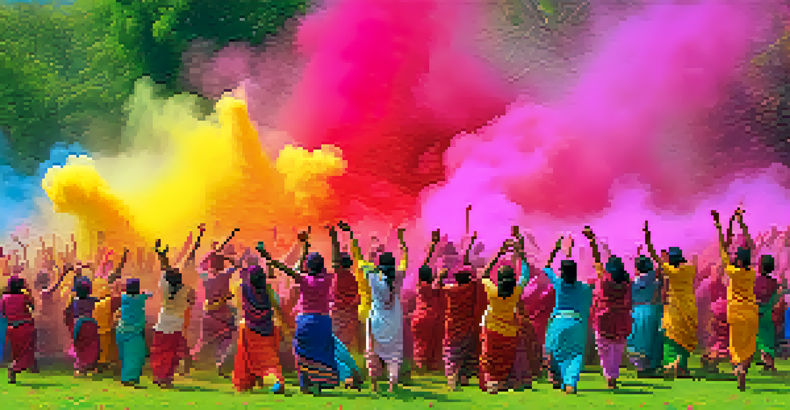 A lively scene of people celebrating Holi with colorful powders and flowers in a green landscape.