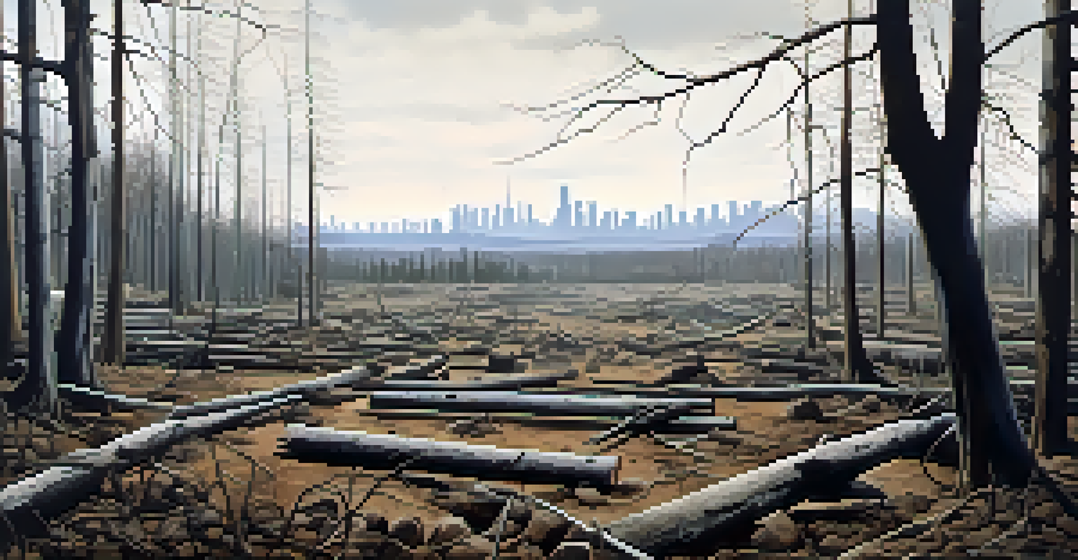 A deforested landscape with barren land and invasive plants dominating the scene, highlighting environmental loss.
