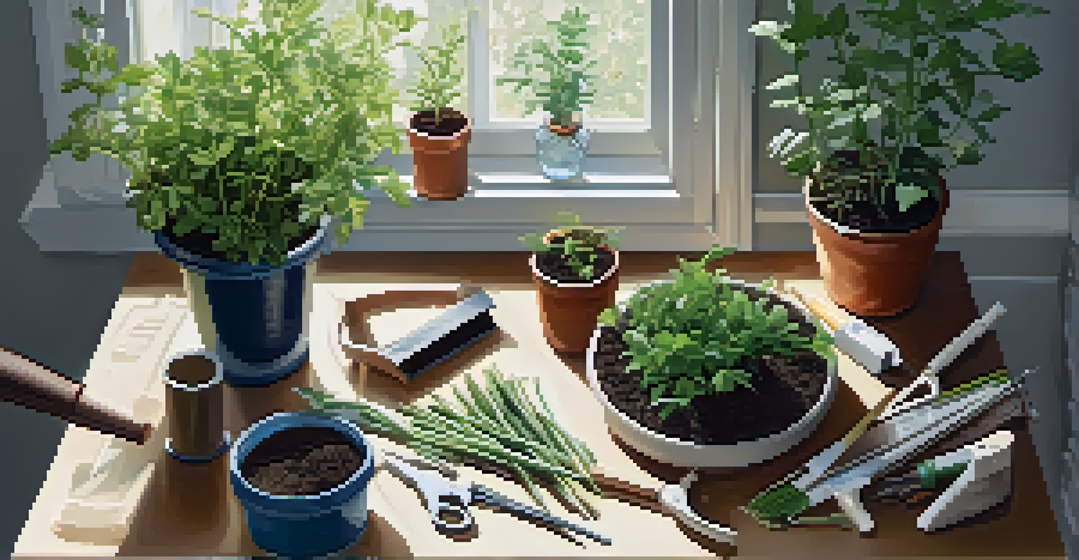 An overhead view of a gardener's workspace with cut plant stems, tools, and pots arranged neatly, illuminated by natural light.