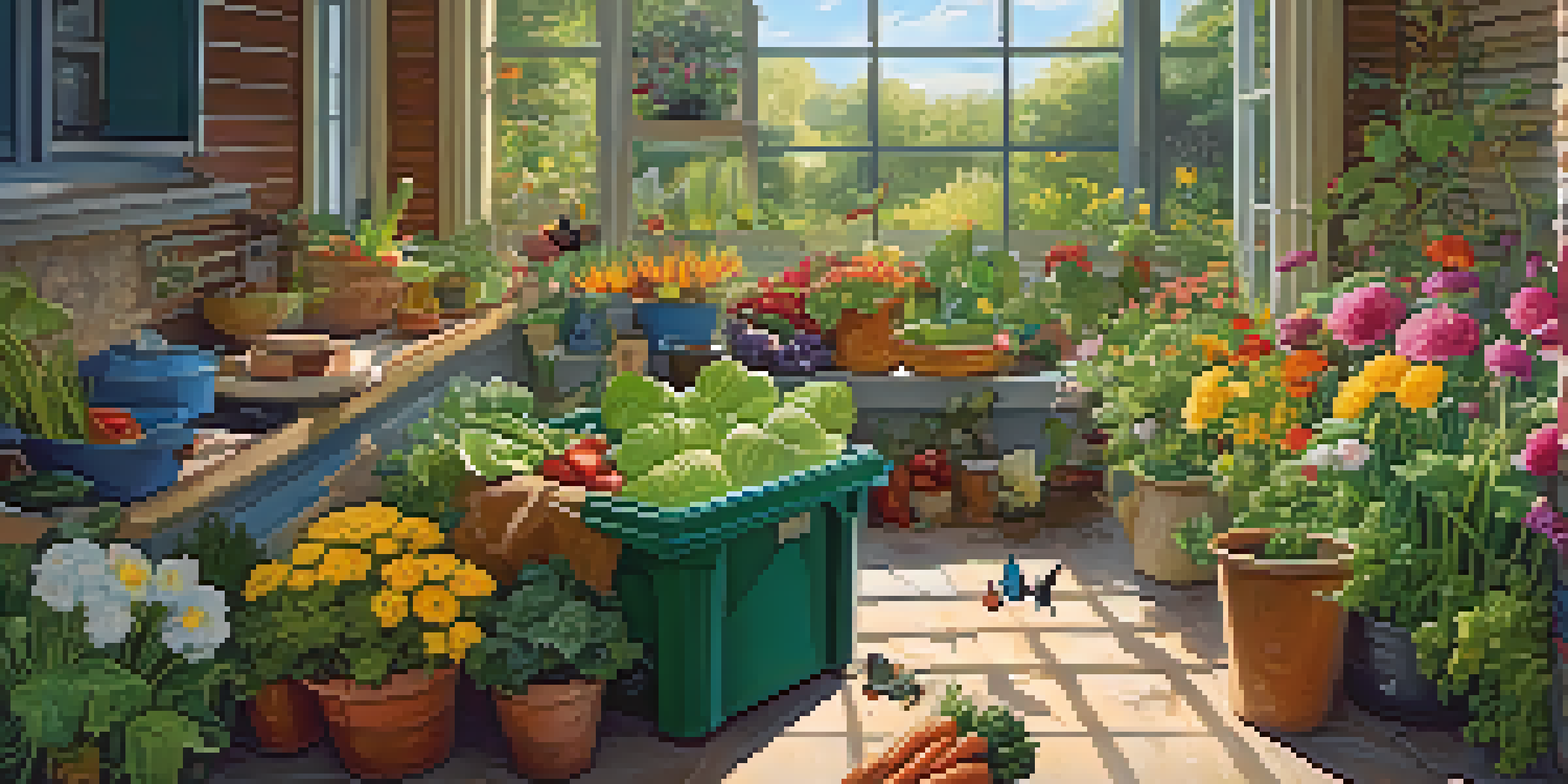 A colorful garden with flowers and vegetables, a compost bin filled with scraps, and butterflies flying around in bright sunlight.