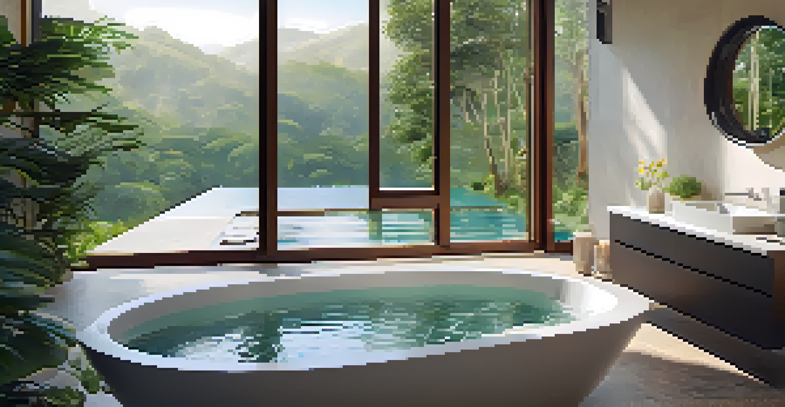 A tranquil bathroom with large windows, natural stone walls, a bathtub, and indoor plants, promoting a connection to nature.