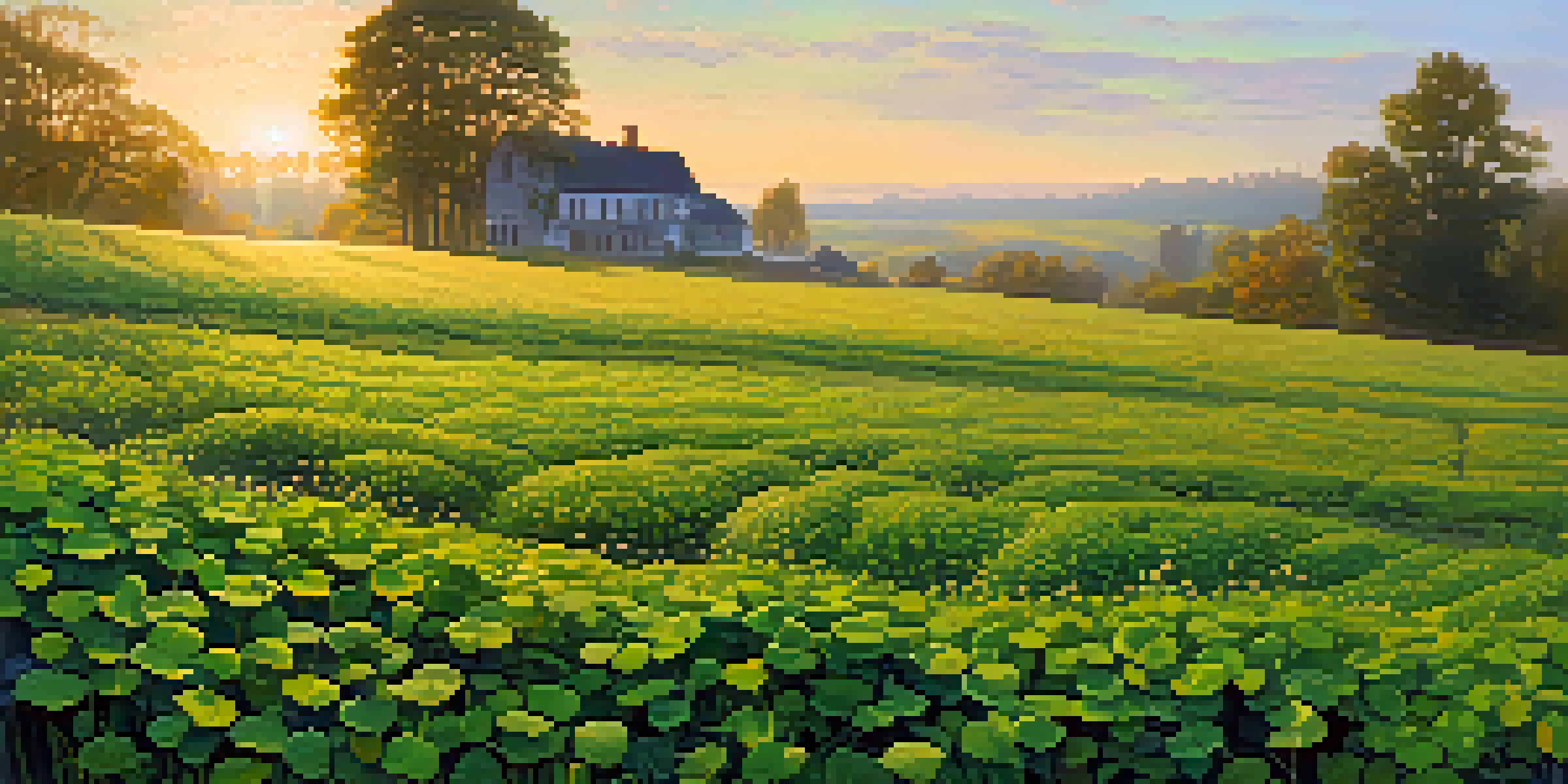 An agricultural field with a lush cover crop of clover in the morning light, dew drops on plants, and a farmhouse in the background.