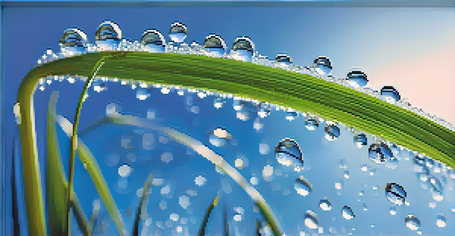 A low-angle shot of a blade of grass with water droplets against a blue sky, highlighting its delicate texture.