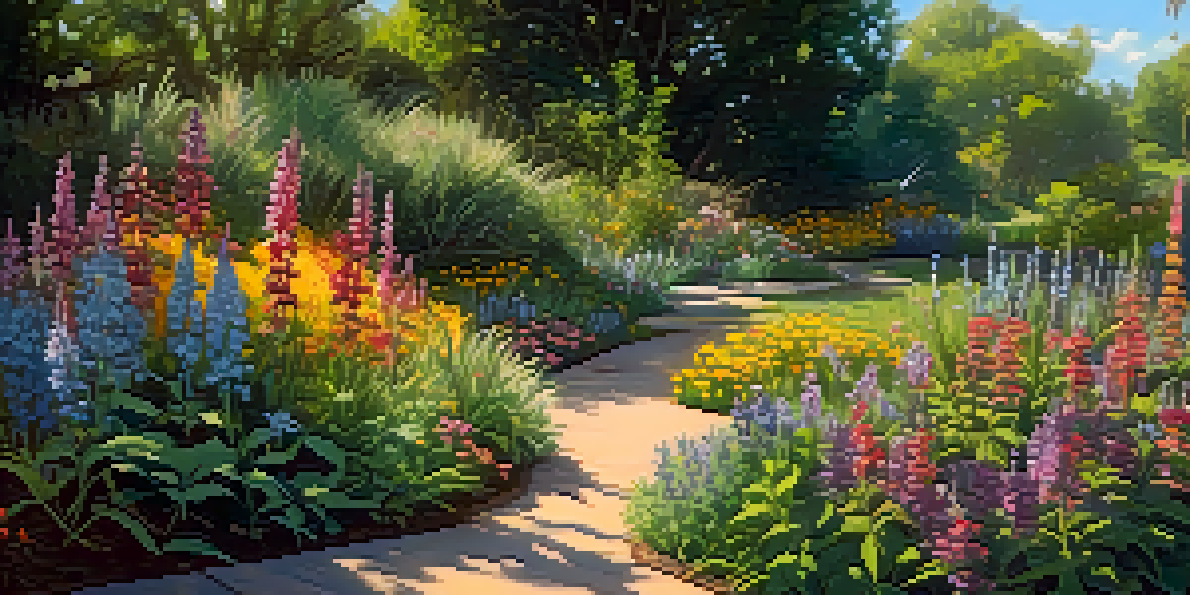 A colorful native garden filled with indigenous flowers, shrubs, and trees, illuminated by afternoon sunlight with bees and butterflies.