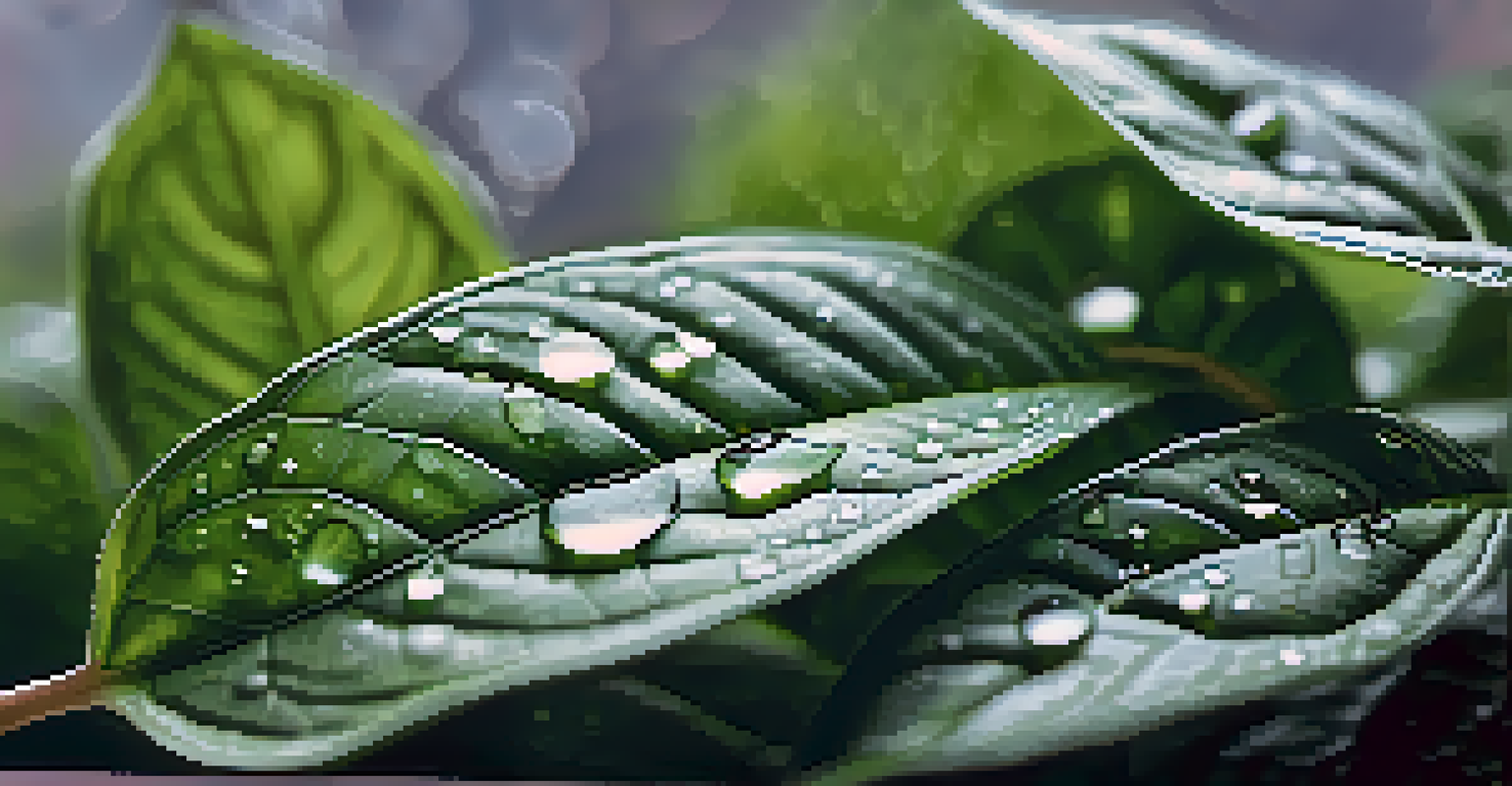 Close-up of fresh Holy Basil leaves with intricate textures and water drops, against a blurred background.