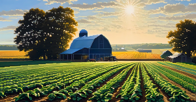 A colorful agricultural field with various crops including corn and beans under a clear sky, illuminated by sunlight.