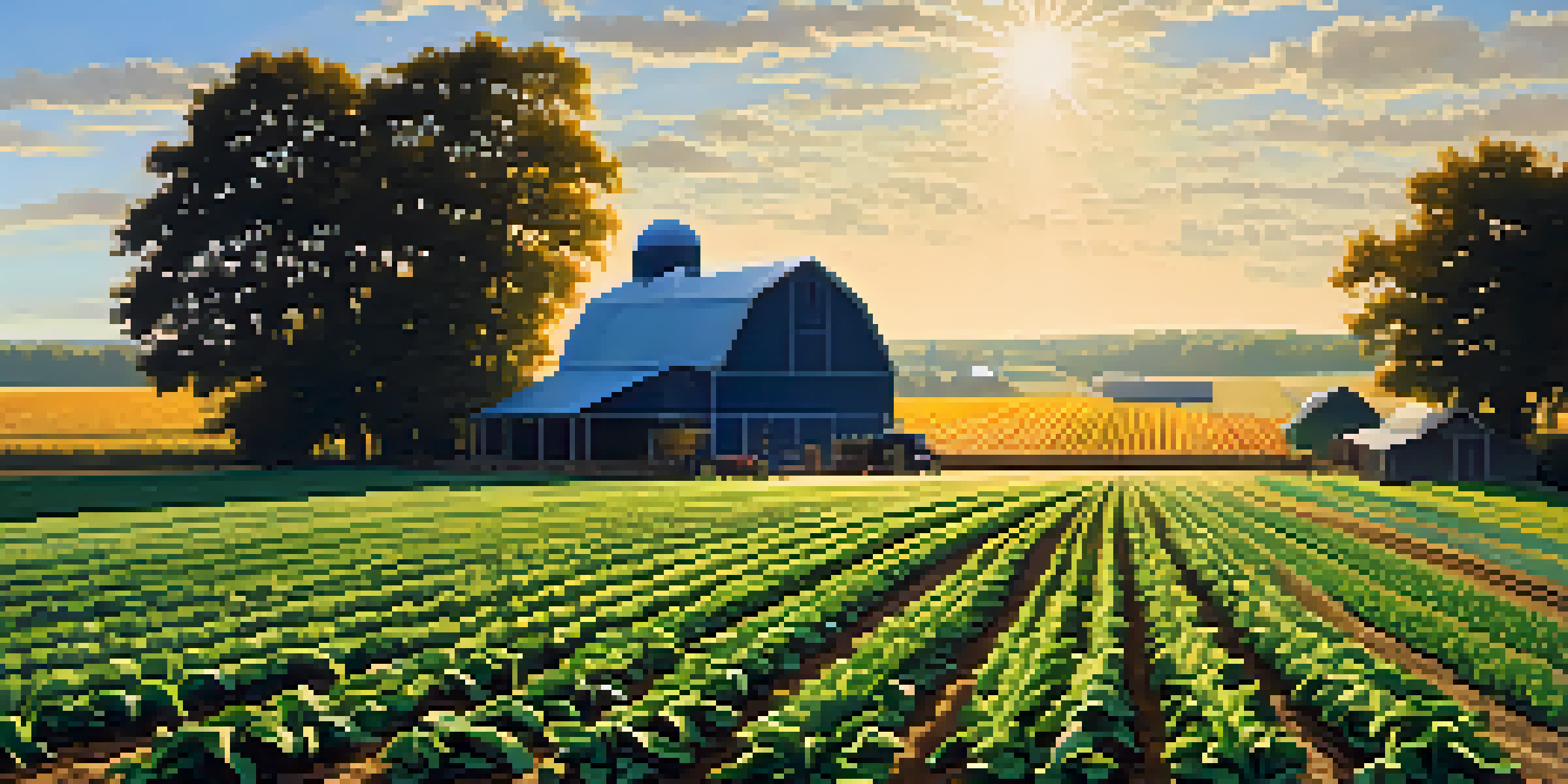A colorful agricultural field with various crops including corn and beans under a clear sky, illuminated by sunlight.