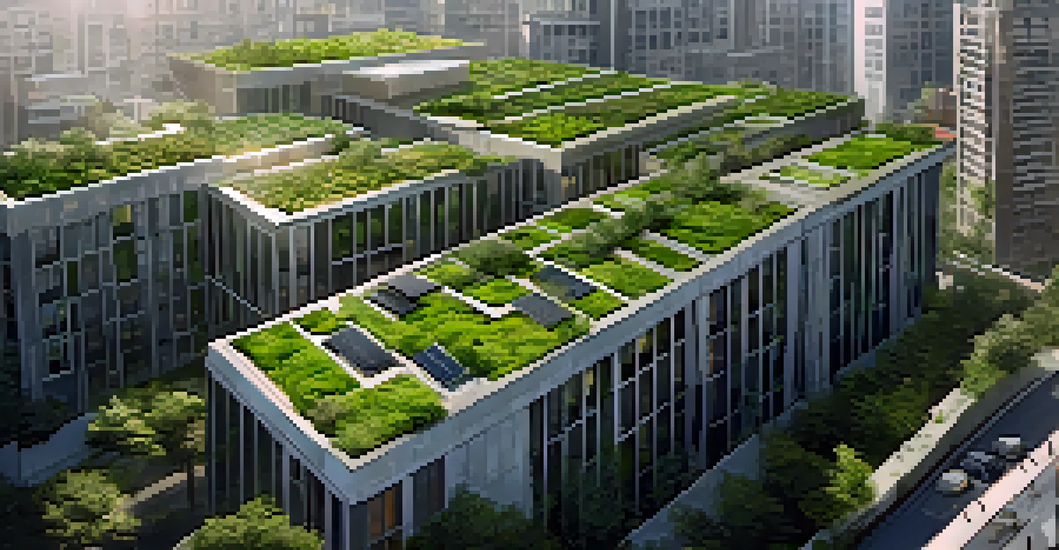 An aerial view of a city with green roofs and vertical gardens on high-rise buildings.