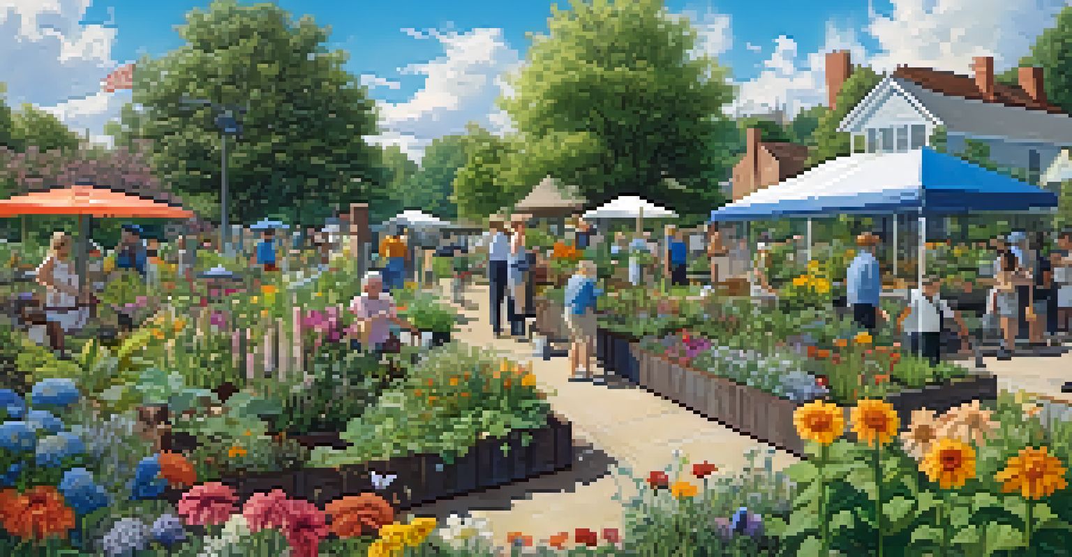 A lively community garden filled with native plants, people gardening, and insects buzzing around under a blue sky.