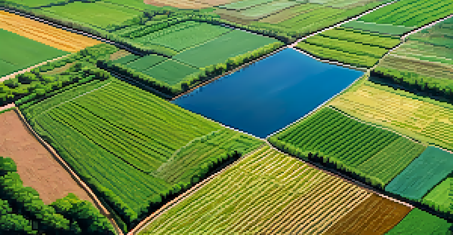 An aerial view of a sustainable farm showcasing alternating rows of cover crops and rich soil under a clear blue sky.