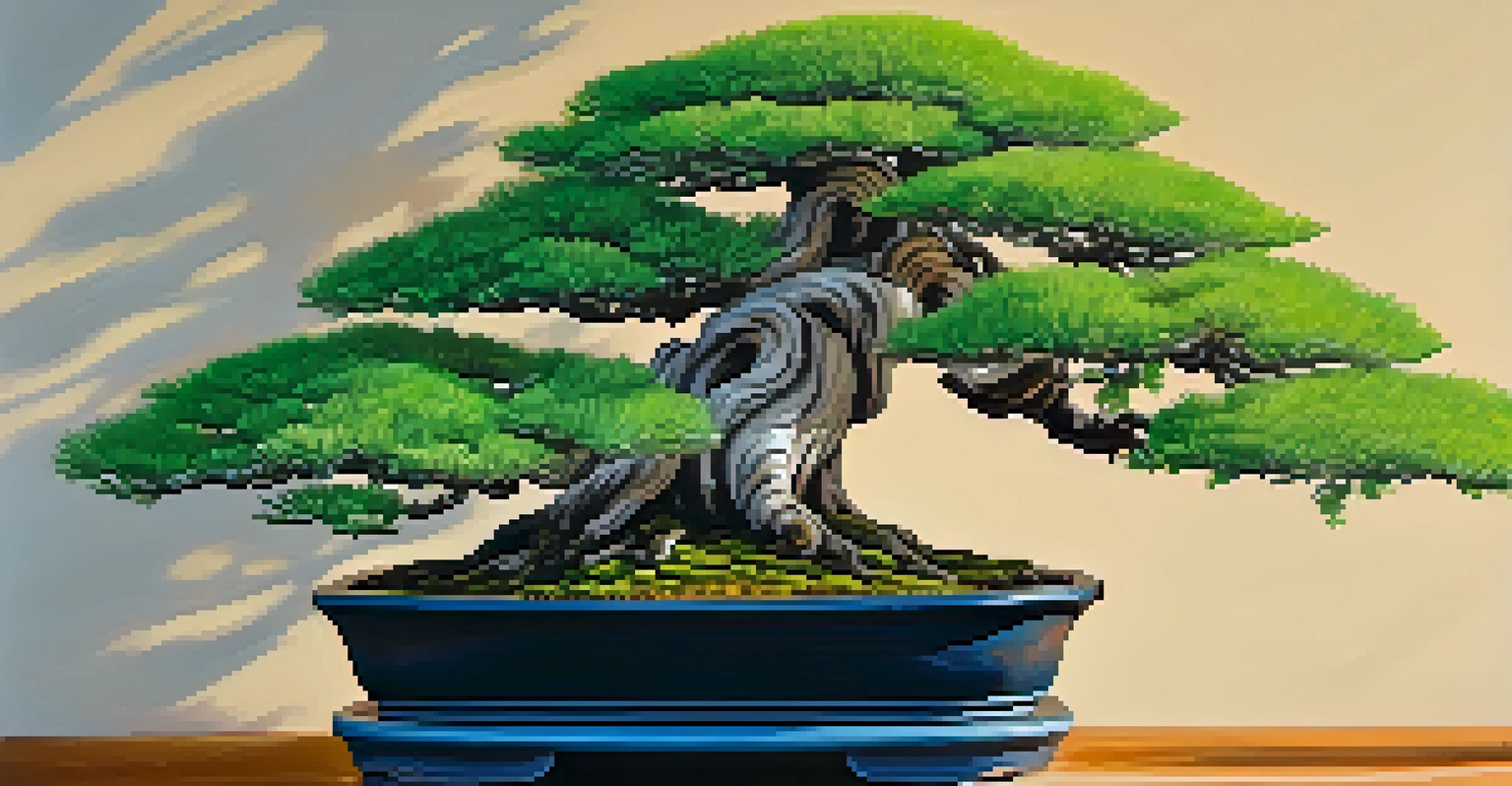 Close-up view of a bonsai tree in a pot, showcasing its textured bark and vibrant leaves with warm afternoon light.