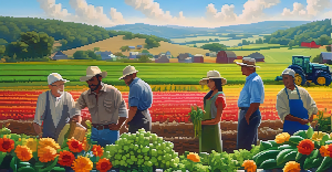 A diverse group of farmers working together in a lush green agricultural field, discussing pest management strategies under a bright blue sky.