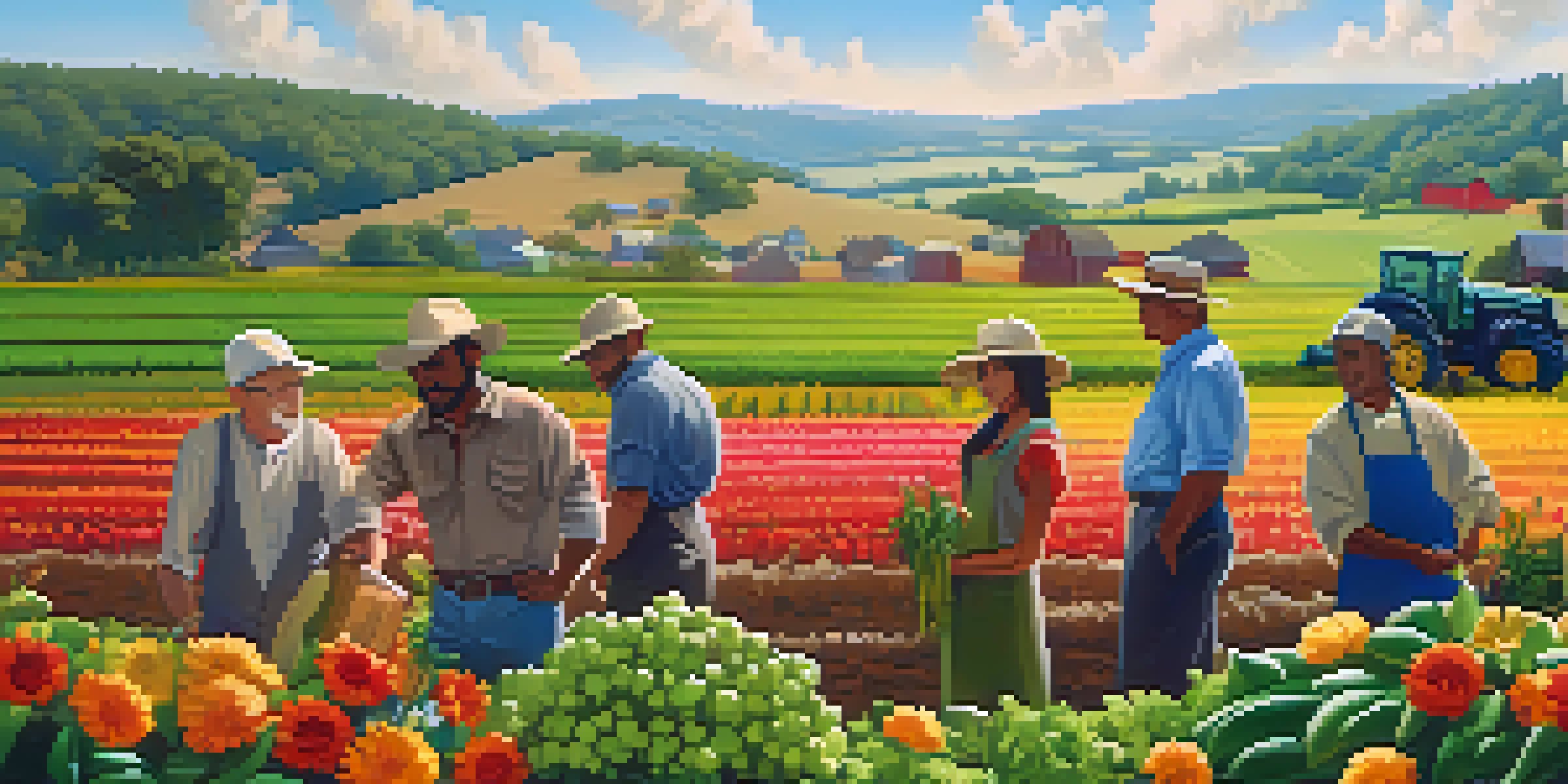A diverse group of farmers working together in a lush green agricultural field, discussing pest management strategies under a bright blue sky.