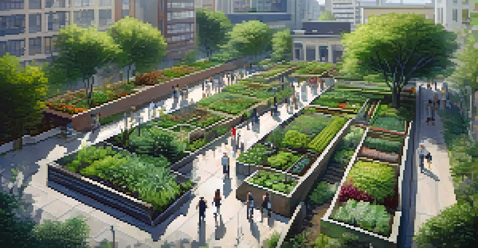 An aerial view of a lush community garden surrounded by urban buildings, showing various plants and people nearby.