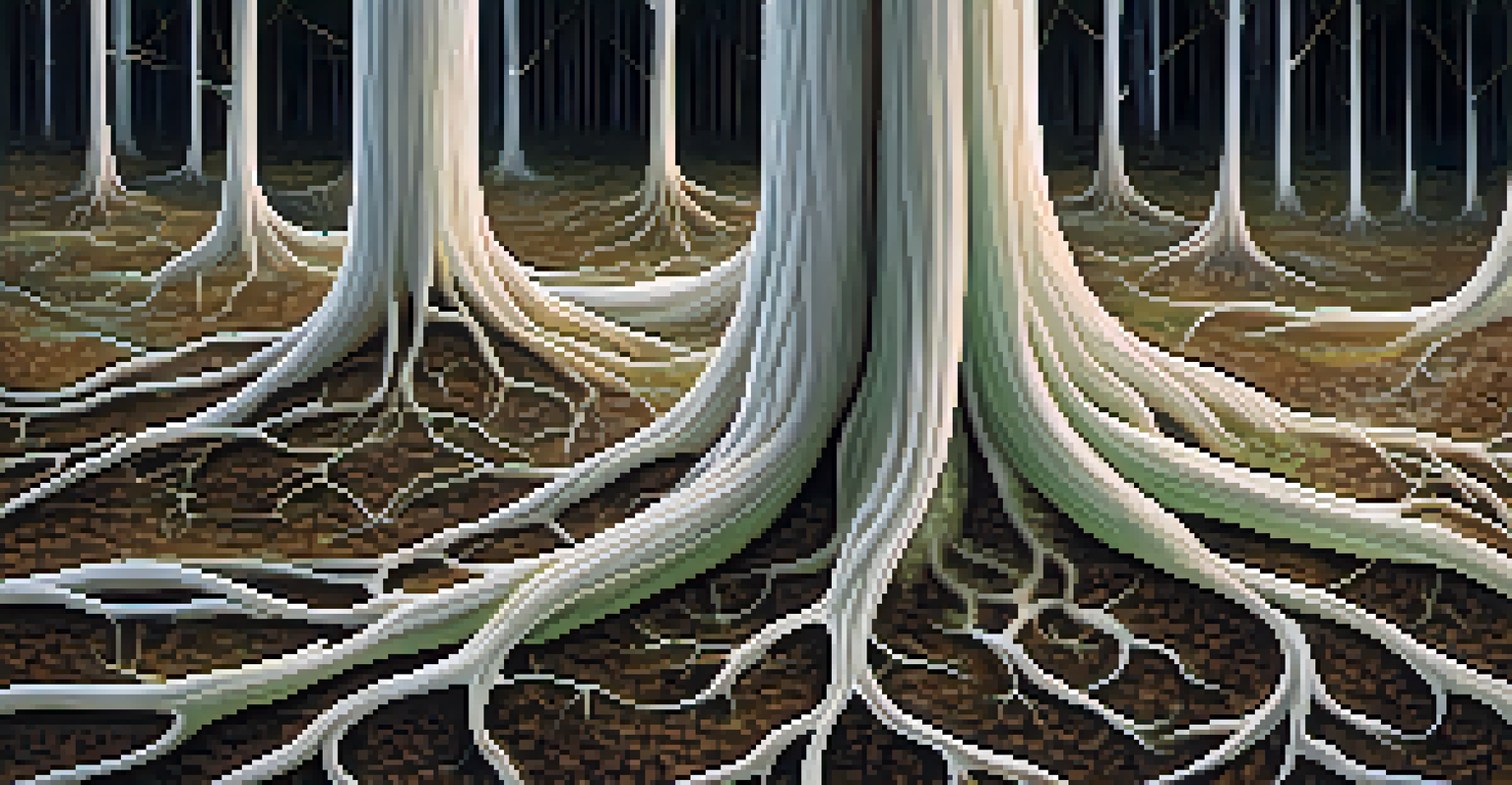 Close-up of mycorrhizal fungi with hyphae connecting to plant roots in rich soil.