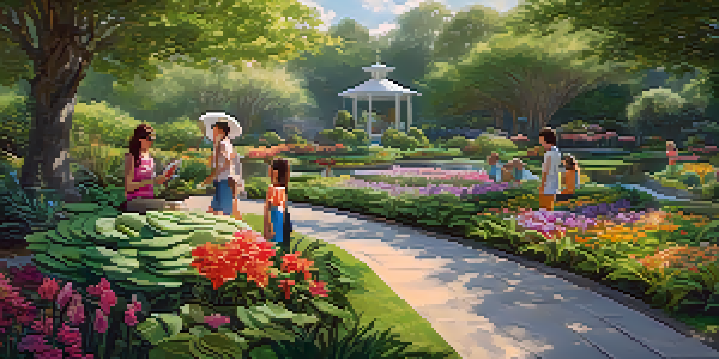 A lively botanical garden with colorful flowers and visitors enjoying a guided tour, with sunlight filtering through trees and a tranquil pond in the background.