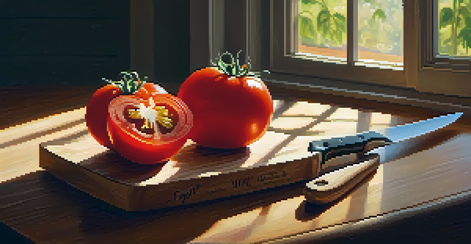 A close-up of a ripe genetically modified tomato with a label, on a wooden kitchen table.