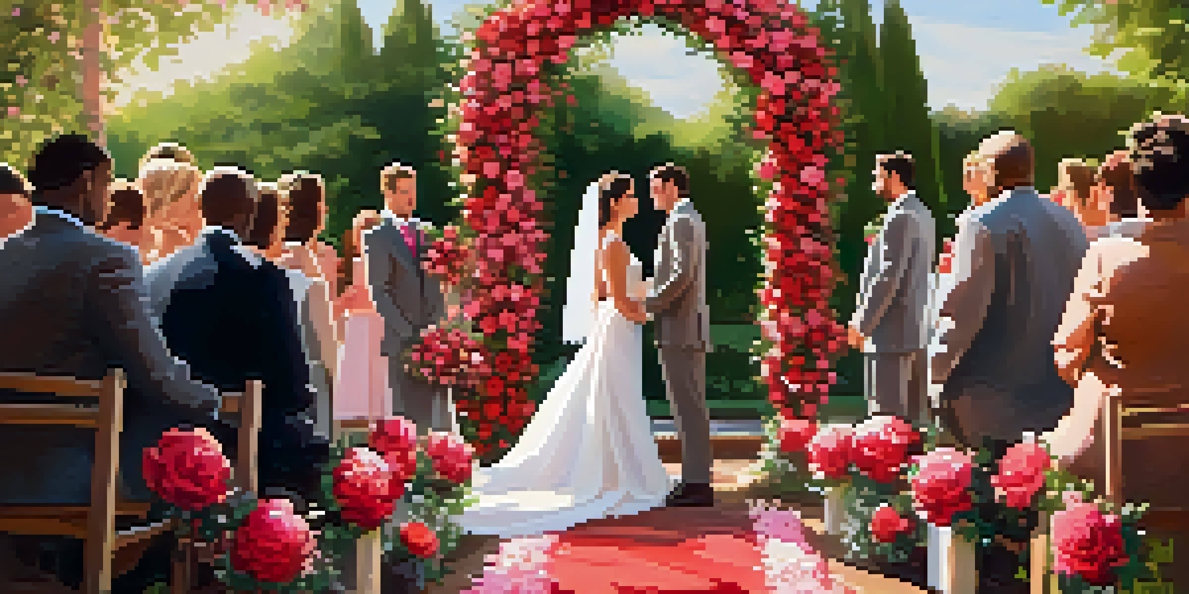 A wedding scene in a garden decorated with roses and an arch, with guests seated in wooden chairs.