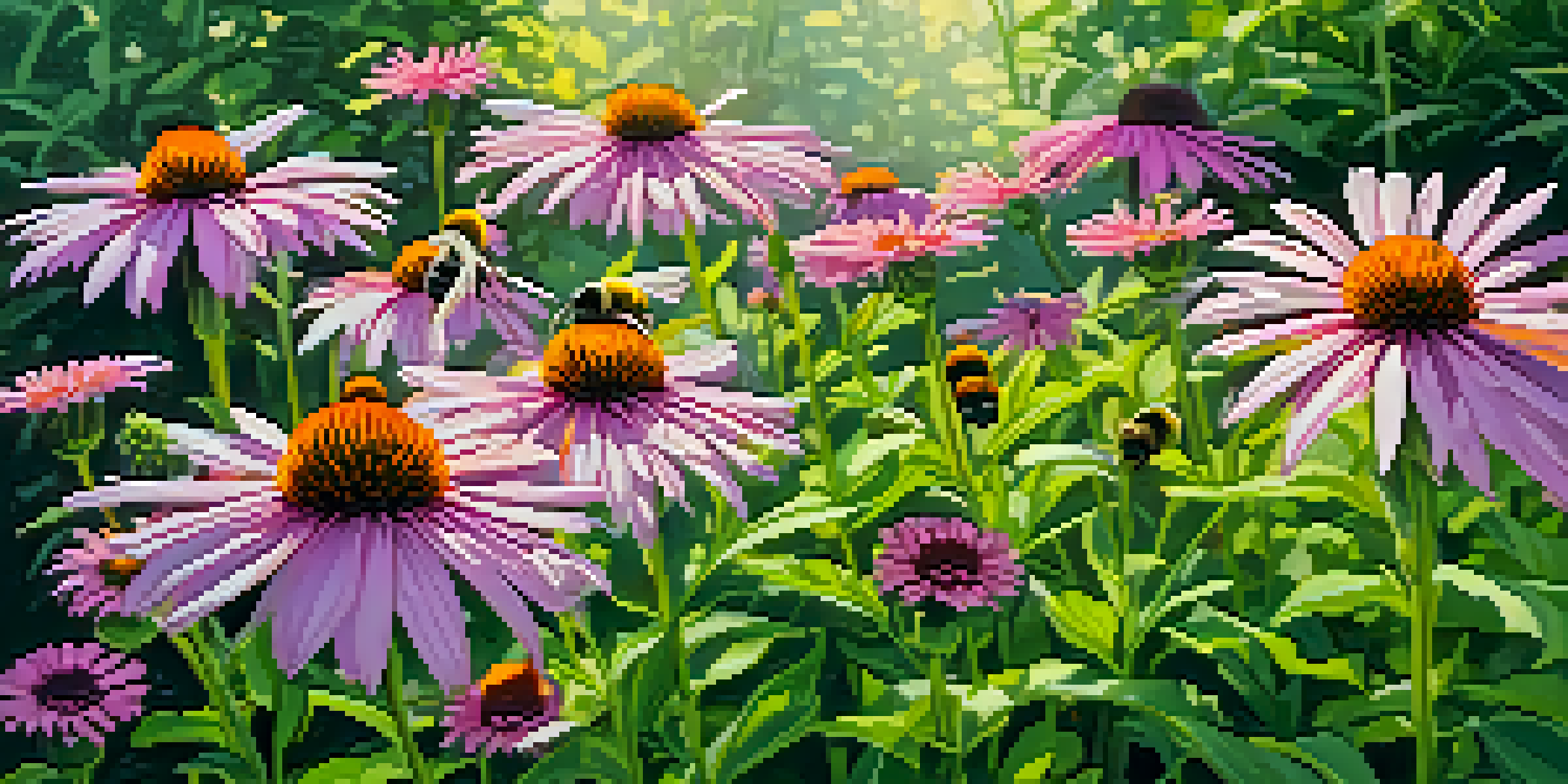 A colorful garden filled with blooming Purple Coneflowers, attracting bees in a sunny setting.