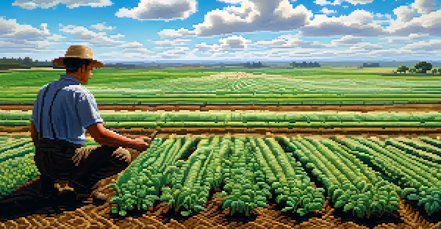 An agricultural field with a farmer inspecting soil rich in mycorrhizal fungi, under a blue sky.