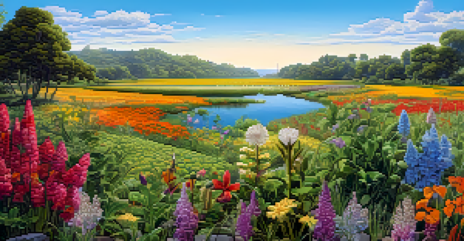 A diverse ecosystem with blooming flowers and genetically engineered crops in a restored habitat, under a clear blue sky.