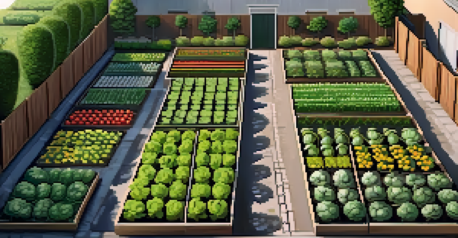 Aerial view of an organized vegetable garden layout with various thriving plants.