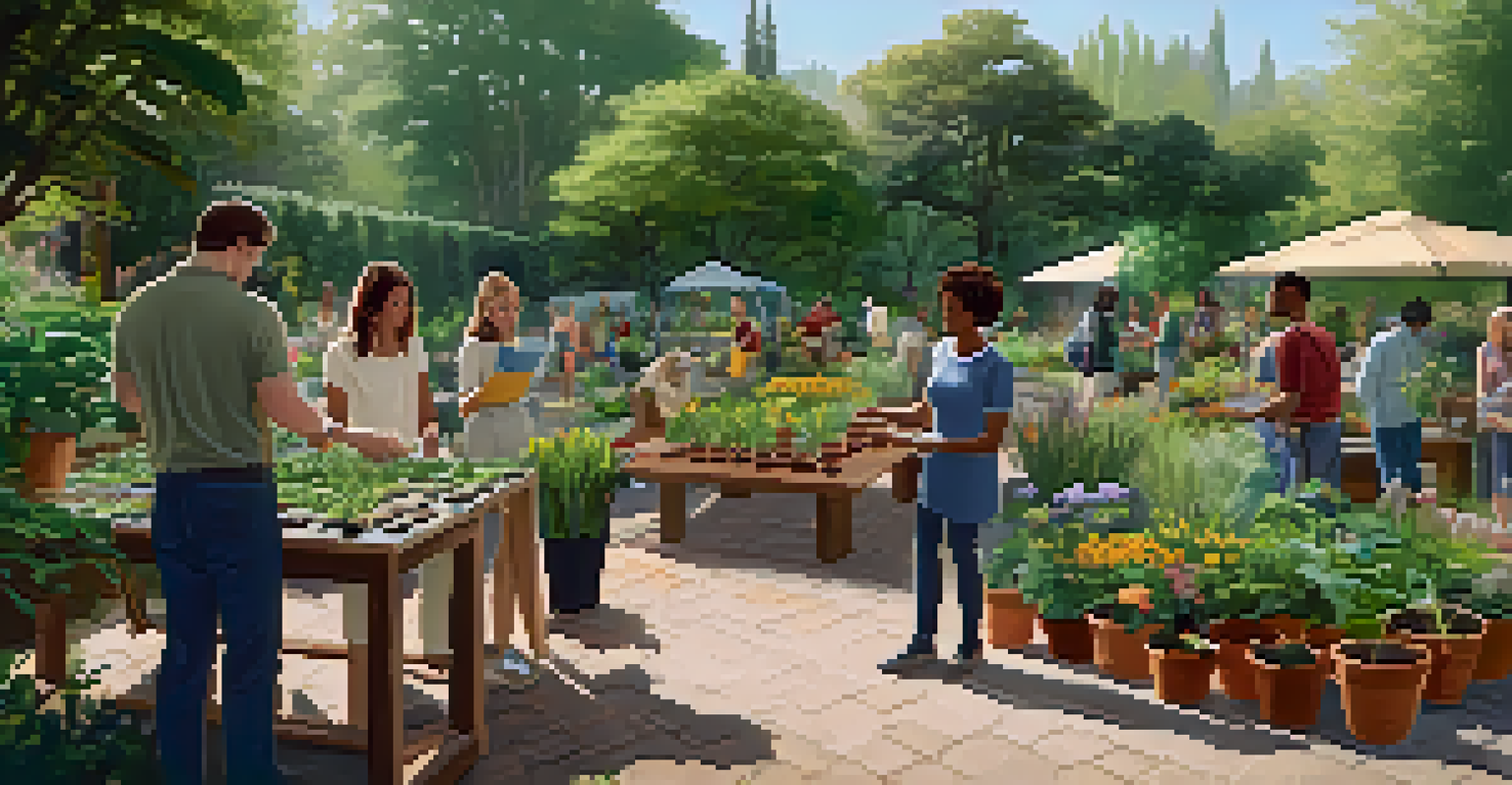 A workshop in a botanical garden with people learning about plants, surrounded by colorful flowers and gardening tools.