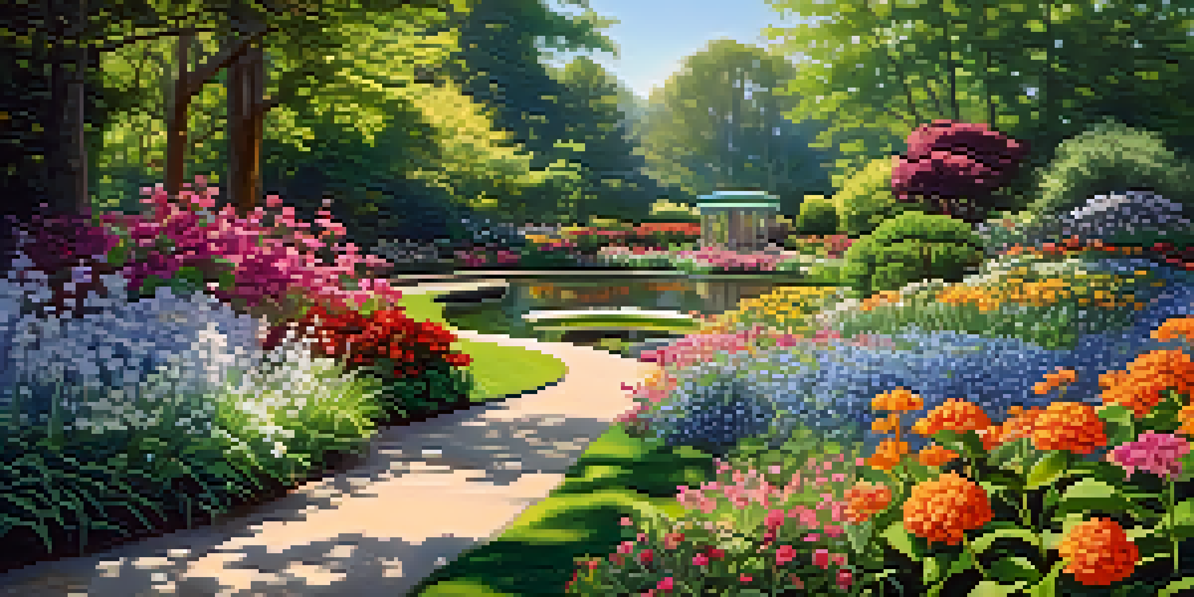 A colorful botanical garden with a winding pathway, blooming flowers, and a pond reflecting the sky, illuminated by sunlight.