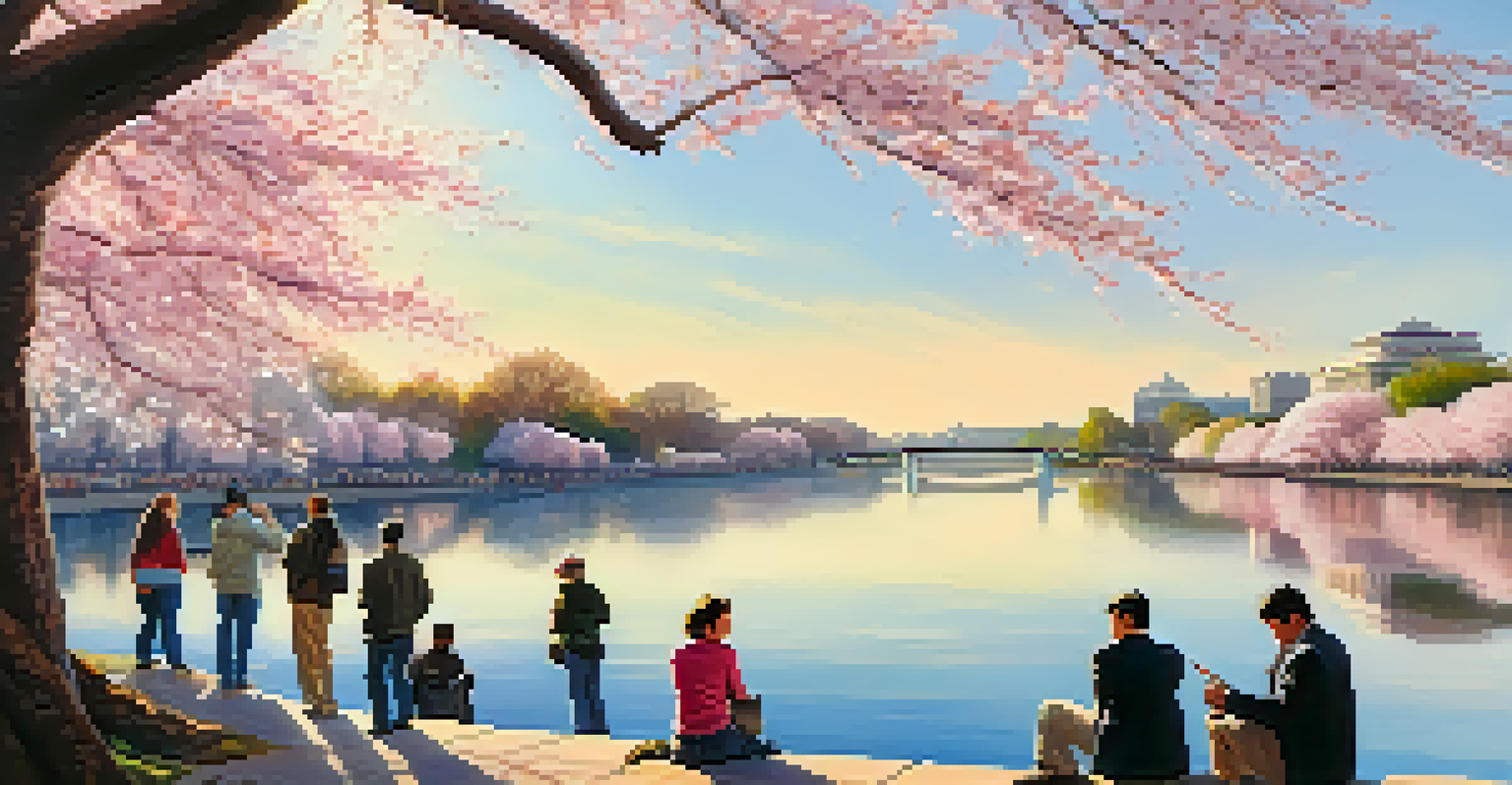 People enjoying the Cherry Blossom Festival with blooming cherry trees around the Tidal Basin in Washington, D.C.