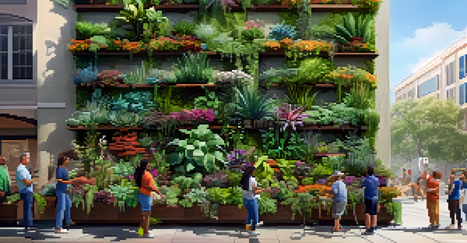 A diverse group of volunteers working on a large vertical garden on a public wall, surrounded by various plants and flowers in bright sunlight.