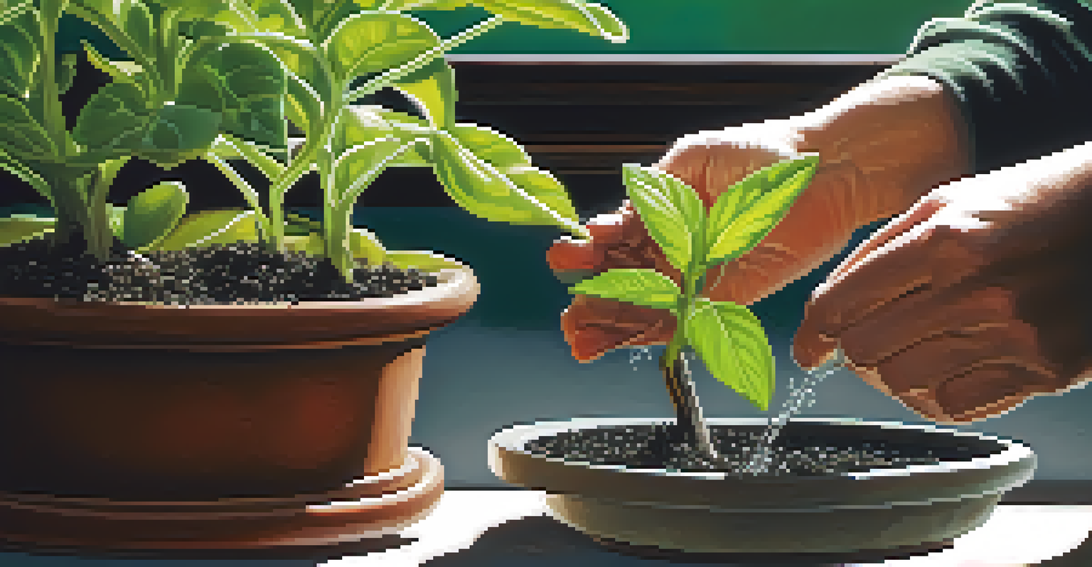 A close-up of hands watering a plant, showcasing the textures of the leaves and soil.