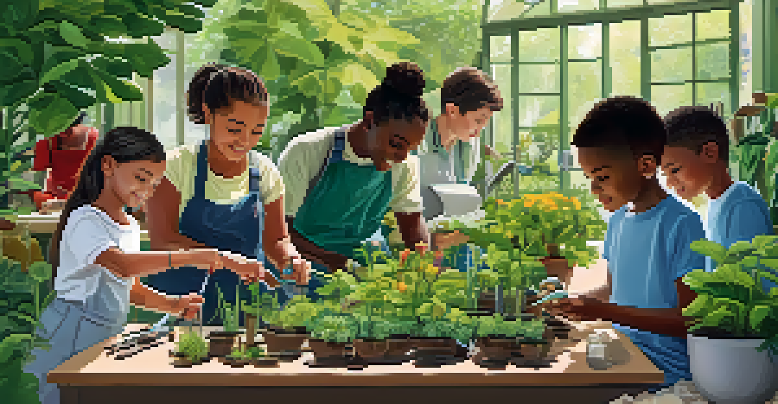 A diverse group of people participating in a hands-on plant biology workshop in a botanical garden.