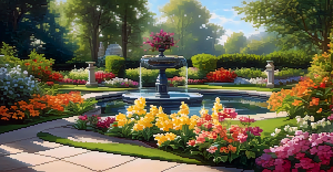 A colorful garden with blooming flowers, a small fountain, and butterflies, illuminated by soft sunlight.