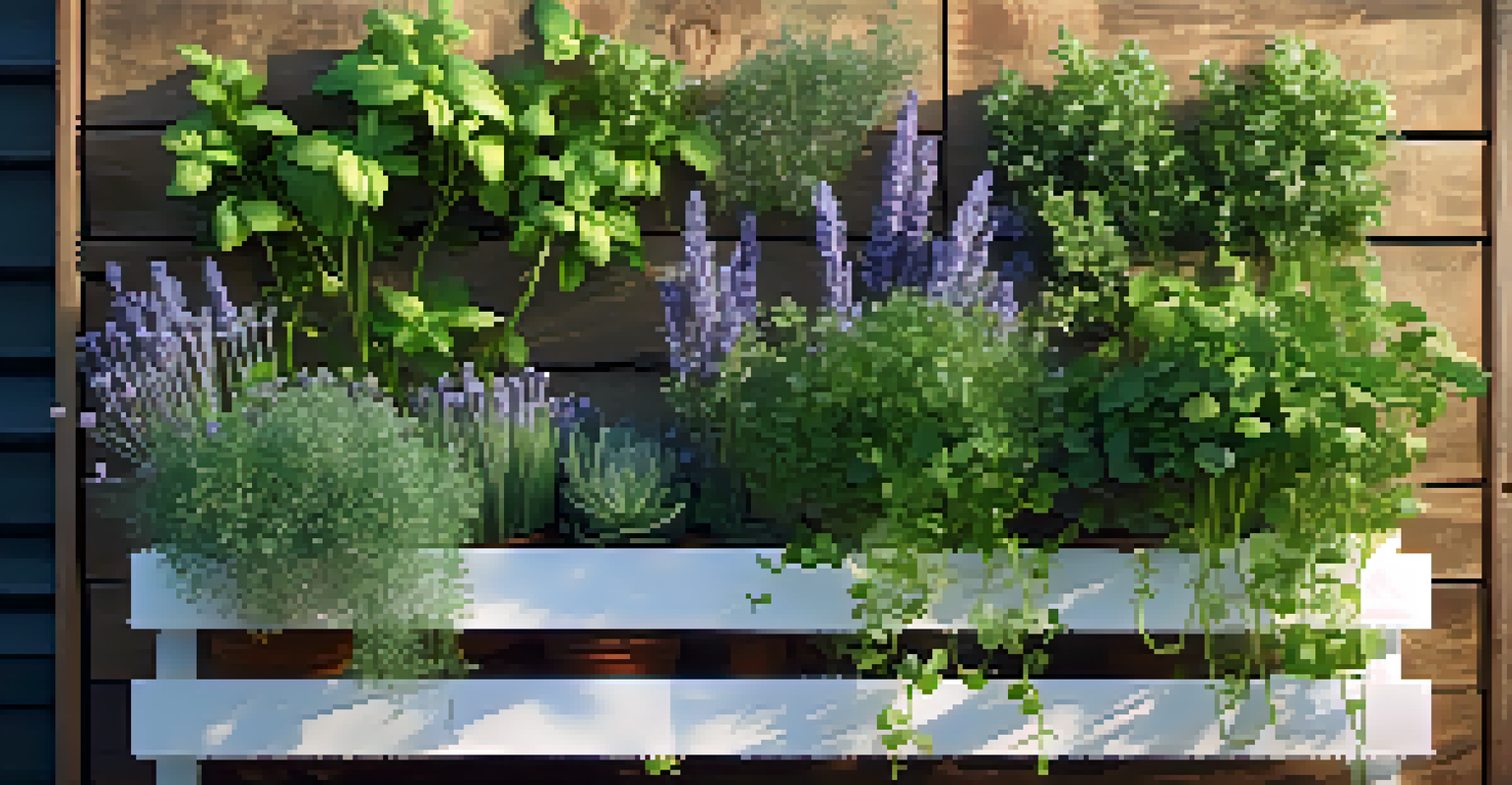 An outdoor vertical garden on a wooden fence with various herbs arranged in felt pockets under warm golden hour light.