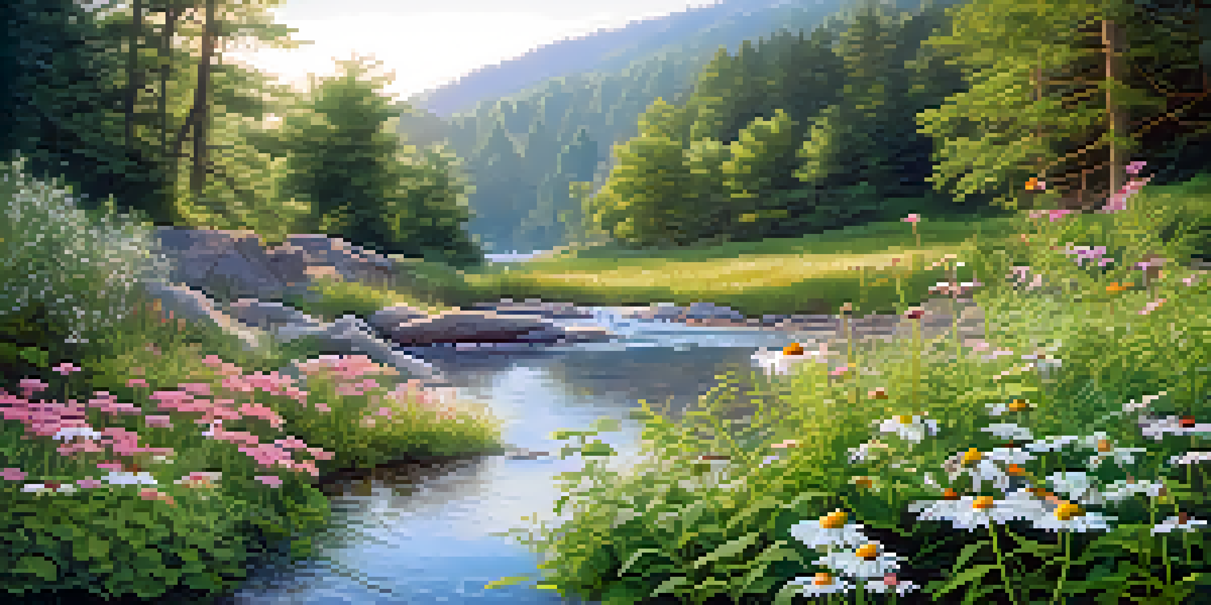 A landscape filled with wild medicinal plants including chamomile, ginseng, and echinacea, illuminated by soft morning light and a gentle stream in the background.