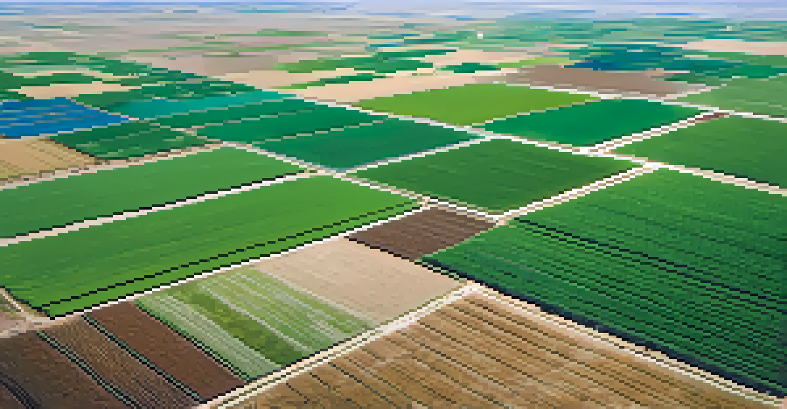 An aerial view of a field with advanced irrigation systems and rows of crops, showcasing the integration of technology in farming.