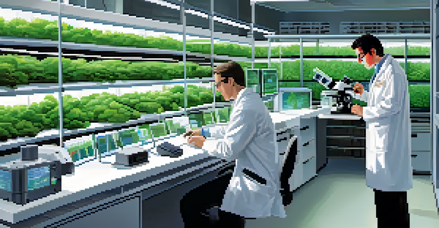 Scientists in a lab analyzing plant DNA and working with advanced technology.